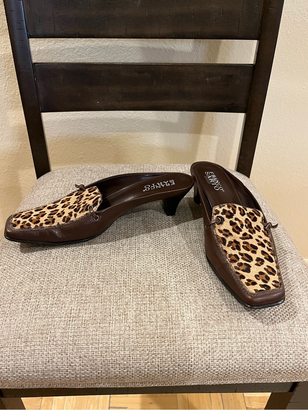 Franco Sarto kitten heel mules. Leather & leopard print calf hair. Brown. 8 - Picture 2 of 12